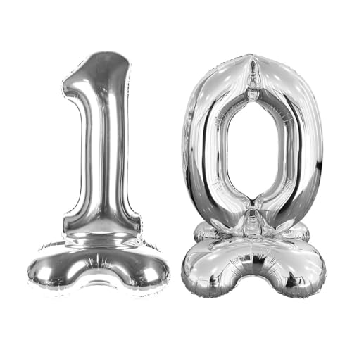 Happium Luftballons, 50 Zoll, Big Air Stand-up Balloons 10, Silber Folienballons Geburtstag Silber Ballon Zahlen 1 und 0 Ballons für Geburtstagsfeier Dekorationen Feier Supplies Luft Nur von Happium