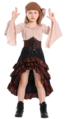 Happy Cherry Mittelalterliches Kleid Mädchen 4-teilig Vintage Piraten Kostüm Outfit mit Unregelmäßigem Rüschenrock Taillengürtel Kopftuch für Halloween Cosplay Party Braun 12-14 Jahre von Happy Cherry