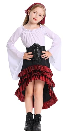 Happy Cherry Pirate Kostüm Mädchen Outfits Renaissance Korsett Steampunk Rock Top Piratenzubehör 4 Stück Komplettes Halloweenkostüm Weiß für Kinder 4-6 Jahre von Happy Cherry