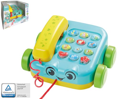 Baby Telefon mit Kordel zum hinterher ziehen, Licht und 23 Sounds, 2 Modi: Tierge räusche/Telefongeräusche, Größe: 16x15.8x9.5cm von Happy People
