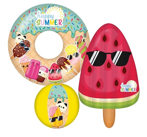 Happy People Happy Summer 3er Strandset – Aufblasbarer Wasserball, Schwimmring & Luftmatratze in Melonenform für Kinder ab 3 Jahren – Strandspielzeug & Poolzubehör für Sommer, Garten & Urlaub von Happy People