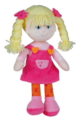 Schlenkerpuppe Hannah, ca. 30 cm groß, Stoffpuppe mit Zwei geflochtenen Zöpfen und pinkes Latzkleid, gestickte Augen, Nasen und Mund, Handwäsche, ab 0 Monate+ von Happy People