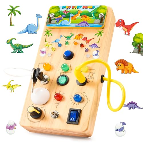 HappyGoLucky Dinosaurier Montessori Busy Board, Kinderspielzeug Activity Board Motorikspielzeug mit 7 Schalter 15 LED-Leuchten, Montessori Spielzeug Geschenke für Babys Ostergeschenke Kinder von HappyGoLucky