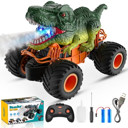 HappyGoLucky Dinosaurier Spielzeug ab 3-10 Jahre Junge, Monstertruck Ferngesteuertes Auto ab 3 4 5 6 7 8 Jahre RC Auto mit Sprühnebel, Musik, LED-Leuchten, Outdoor Spielzeug Ostern Geschenk Kinder von HappyGoLucky