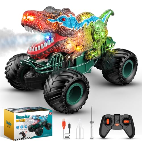 HappyGoLucky Ferngesteuertes Auto, 2.4GHz RC Auto mit Sprüheffekt, Licht, Dinosaurier-Soundeffekten, 4WD Crawler Monstertruck Spielzeug Kinder Ostergeschenke Geburtstags Geschenk Junge ab 3-12 Jahre von HappyGoLucky