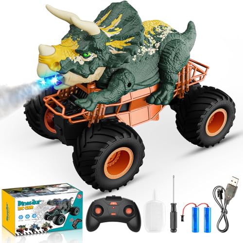 HappyGoLucky Monstertruck Ferngesteuertes Auto ab 3 4 5 6 7 8 Jahre, Dinosaurier Spielzeug ab 3-10 Jahre Junge, RC Auto mit Sprühnebel, Musik, LED-Leuchten, Outdoor Spielzeug Ostern Geschenk Kinder von HappyGoLucky