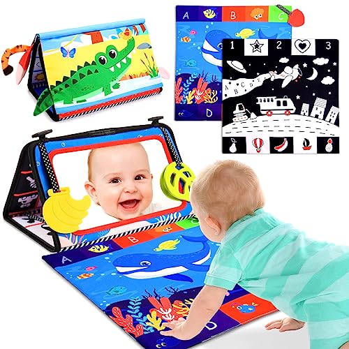 HappyKidsClub Baby Spiegel mit Knisterbuch, Baby Spielzeug 0-12 Monate Bauchlage Spielzeug Baby 1 2 Jahr Unkaputtbar Stoffbuch Baby Sensorik Montessori Spielzeug Baby Geschenk zur Geburt Junge Mädchen von HappyKidsClub