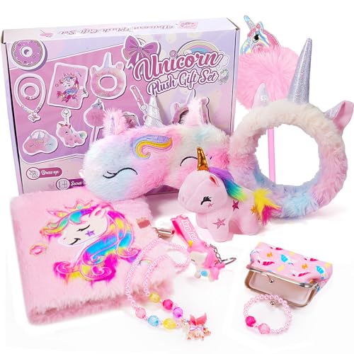 HappyKidsClub Einhorn Geschenke für Mädchen 3-12 Jahre, Tagebuch mit Schloss Mädchen Geburtstagsgeschenk Set für 3-12 Mädchen Einhorn Plüschtier Spielzeug ab 3-12 Jahre Mädchen Kinderschmuck von HappyKidsClub