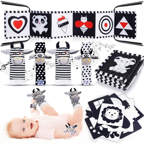 HappyKidsClub Kontrastbuch Baby Schwarz Weiß Spielzeug, Kontrastkarten Baby Spielzeug 0-12 Monate Rasselsocken Baby 0-6 Monate Kontrast Spielzeug Rassel Baby Neugeborenen Geschenk Montessori Spielzeug von HappyKidsClub