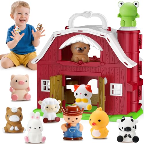 HappyKidsClub Montessori Bauernhof Spielzeug ab 1-4 Jahre, Aufklappbare Scheune Spielhaus für Kleinkinder mit 9 Tieren & Bauer - Pädagogisches Geschenk für Kinder - Baby Lernspielzeug Set von HappyKidsClub