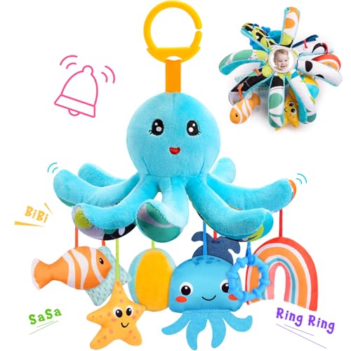 HappyKidsClub Plüsch Oktopus Baby Spielzeug 0-18 Monate – mit 8 hängenden Sensory-Spielzeugen & Spiegel– Baby Montessori Motorikspielzeug für Kinderwagen, Kinderbett (waschbar, Bio-Baumwolle) von HappyKidsClub
