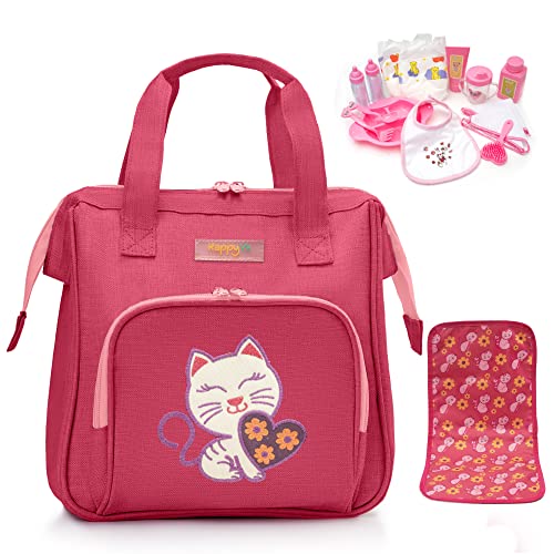 HappyVk- Puppen Wickeltasche mit Puppenzubehör Set - Handtasche für Mädchen - süße Katze Stickerei - Rosa von HappyVk