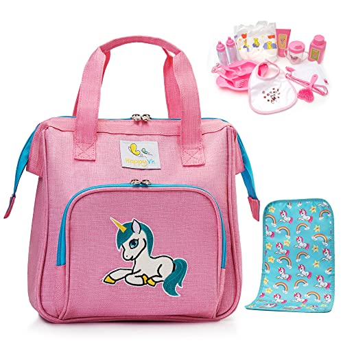 HappyVk- Puppen Wickeltasche mit Puppenzubehör Set - Handtasche für Mädchen - süße Einhorn Stickerei - Rosa von HappyVk