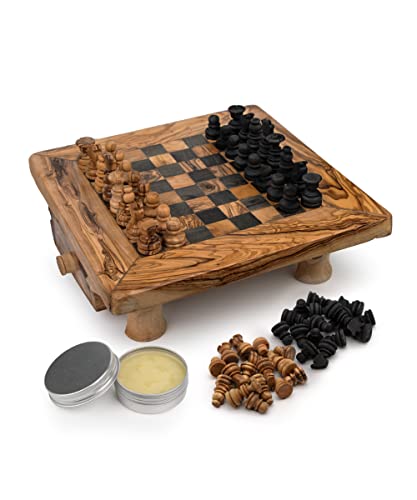 HappyWoods Schachbrettspiel klein – Handmade Holz Schachset für Kinder und Erwachsene – Strategische Brettspiele – 100% natürliches Olivenholz – 22cm x 22cm von HappyWoods