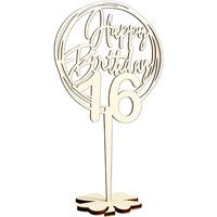 Cake Topper 16. Geburtstag, Holz mit Schriftzug Happy Birthday und Fuß, nach der Torte auf den Tisch von Happygoods GmbH