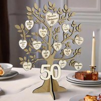 Geburtstagsbaum aus Holz zum 50. Geburtstag mit 16 Geburtstagswunsch-Herzchen + Holzkarte von Happygoods GmbH