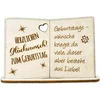 Holzkarte mit Standfuß und versch. Geburtstagssprüchen Geburtstagsspruch: Geburtstagswünsche kriegst du viele, dieser  aber besteht aus Liebe! von Happygoods GmbH