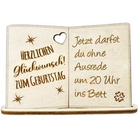 Holzkarte mit Standfuß und versch. Geburtstagssprüchen Geburtstagsspruch: Jetzt darfst du ohne Ausrede um 20 Uhr ins Bett von Happygoods GmbH