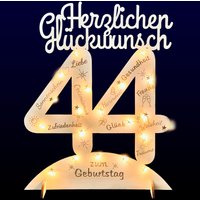 Leuchtender Aufsteller aus Holz zum 44. Geburtstag, mit 20 LEDs und gravierten Glückwünschen Leuchtender Aufsteller aus Holz zum 44. Geburtstag, mit 20 LEDs und gravierten Glückwünschen von Happygoods GmbH