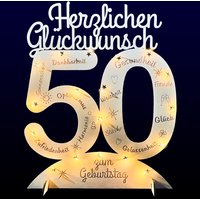 Leuchtender Aufsteller aus Holz zum 50. Geburtstag, mit 20 LEDs und gravierten Glückwünschen von Happygoods GmbH
