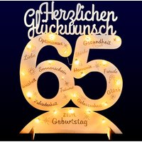 Leuchtender Aufsteller aus Holz zum 65. Geburtstag, mit 20 LEDs und gravierten Glückwünschen von Happygoods GmbH