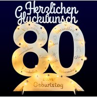 Leuchtender Aufsteller aus Holz zum 80. Geburtstag, mit 20 LEDs und gravierten Glückwünschen von Happygoods GmbH