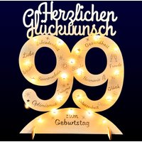 Leuchtender Aufsteller aus Holz zum 99. Geburtstag, mit 20 LEDs und gravierten Glückwünschen von Happygoods GmbH