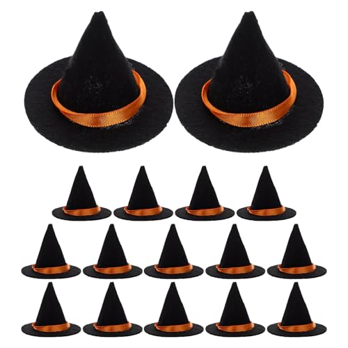 Happyyami 16 Mini-Halloween-Hexenhüte – Flaschenaufsätze aus schwarzem Filz, niedliche Miniatur-Hexenhut-Ornamente, gruseliges Puppen-Ankleidezubehör für die festliche Party zu Hause von Happyyami