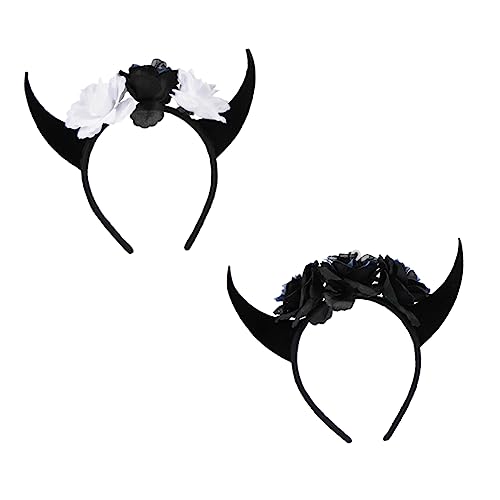 Happyyami 2 Stück Halloween Horn Haarreifen mit Schädel und Blumen Teufelskopfschmuck für Partys Cosplay und Besondere Anlässe Schwarz und Schwarz von Happyyami