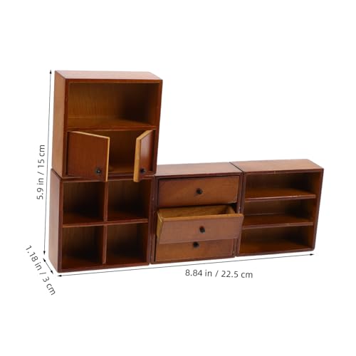 Happyyami 4 Stück Teiliges Puppenhaus Möbelset Miniatur Holz Vitrinenschrank Bücherregal Kombination in Walnussfarbe für Detailreiche Puppenhausdekoration und Kreatives DIY von Happyyami