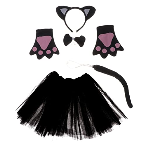 Happyyami Katzen-Kostüm für Mädchen und Erwachsene mit Tutu Rock, Handschuhe, Katzenohren, Katzenschwanz, Halloween-Kostüm für Erwachsene und Kinder, 5 Stück. von Happyyami