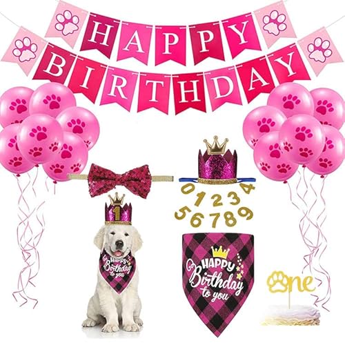 Hund Erster Geburtstag Party Supplies, Hund Geburtstag Banner Junge Mädchen Bandanas mit Hund Geburtstag Party Hut Fliege Geburtstag Nummer für Kleine Mittlere Hunde (Rosa) von Harikaji