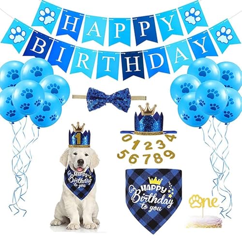 Partyzubehör für den ersten Geburtstag, Hunde-Geburtstagsbanner für Jungen und Mädchen, Bandanas mit Hund, Geburtstagsparty, Hut, Fliege, Geburtstagsnummer für kleine, mittelgroße Hunde (blau) von Harikaji