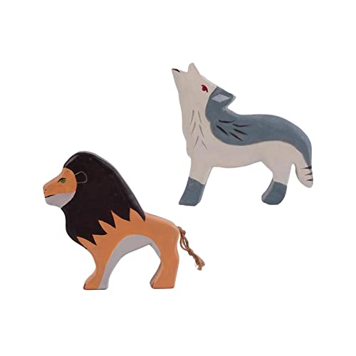 Harilla 2 Stück Holz Tierspielzeug Figuren - Interaktives Rollenspiel für Kinder, Löwenwolf von Harilla