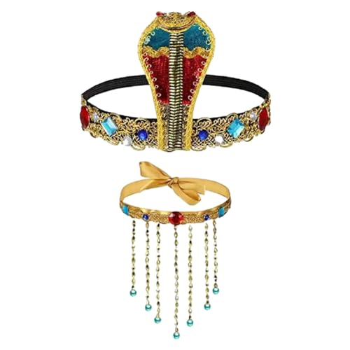Harilla 2-teiliges ägyptisches Kostümzubehör für Damen, Anziehschmuck, Schlangenform, Kopfbedeckung, Perlenquaste, Halskette für Party-Foto-Requisiten von Harilla