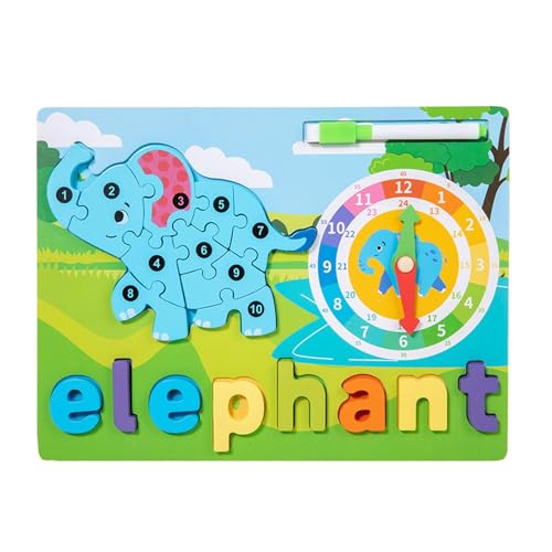 Harilla Montessori Spielzeug Holz Tier Puzzle mit Uhr Spielzeug Alphabet Tier Puzzle Holz Puzzle für Jungen Mädchen Kinder Kinder, Elefant von Harilla