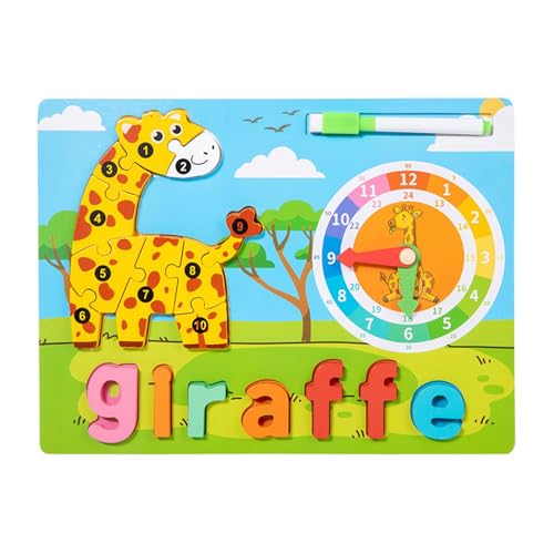 Harilla Montessori Spielzeug Holz Tier Puzzle mit Uhr Spielzeug Alphabet Tier Puzzle Holz Puzzle für Jungen Mädchen Kinder Kinder, Giraffe von Harilla