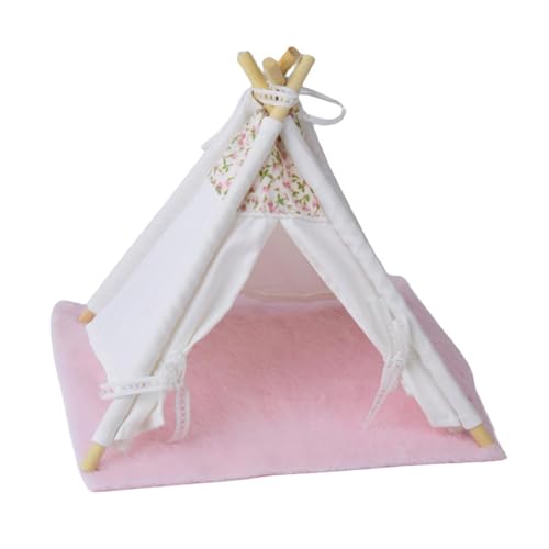 Harilla Puppenhaus-Zelt, Miniatur-Möbel, dekoratives Mini-Häuschen aus Holz, simuliertes Spielzeug für Wohnzimmer, Zubehör, Geschenke, Spielhaus, mit rosa Pad von Harilla
