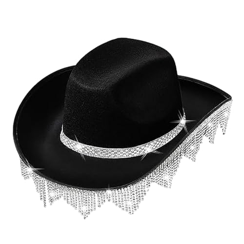 Harilla -Strass-Quasten, Cowboy-Hut, Jazz-Mütze, breite Krempe, Cowgirl-Hut für Maskerade-Requisiten, Kostüm, Karneval, Schwarz von Harilla