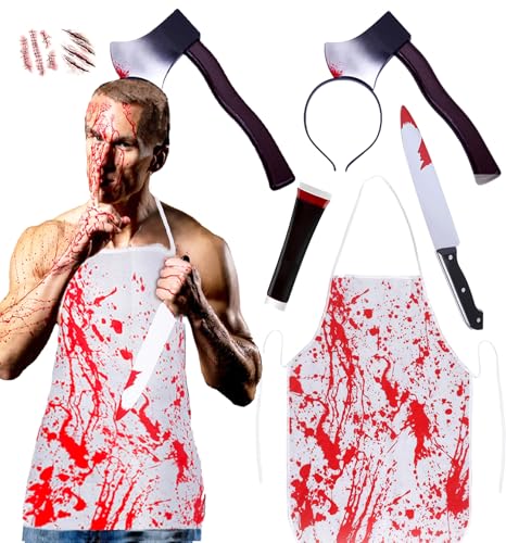 5 Stück Metzger Kostüm Halloween Herren Blutige Schürze, Schlachter Blut Metzgerschürze Männer Horror Koch Blutbad Blutnarben Erwachsene Schlächter Kostüm Tattoos Outfit Karneval Cosplay von HarnyLoom