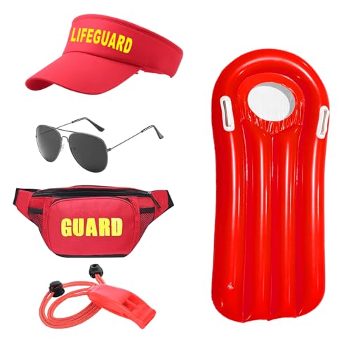 5Pcs Baywatch Kostüm für Herren und Damen, Rettungsschwimmer Kostüm Lifeguard Gürteltasche Rettungsboje Hut Sonnenbrille Strandparty Schwimmbad Meer Cospaly (Männer) von HarnyLoom