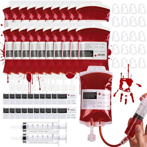 62 Stück Halloween Blutbeutel Zum Trinken Getränke, IV Blut Taschen Container 350ml Trinkbeutel Spritze und Clips, Wiederverschließbar, Halloween Spritzen, Vampir Zombie Kostüm Requisiten von HarnyLoom