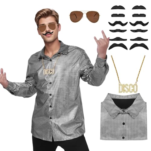 70er 80er Jahre Maskerade Disco Herrenkleidung Glitzerhemd Kostüme Retro Herren Button Up Glitzerhemden Sonnenbrille Perücken Accessoires Lustige Kostüme Karneval Halloween Party (Silber-1, 2XL) von HarnyLoom