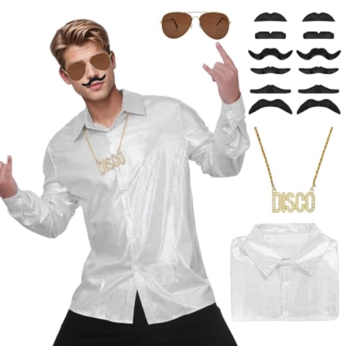 70er 80er Jahre Maskerade Disco Herrenkleidung Glitzerhemd Kostüme Retro Herren Button Up Glitzerhemden Sonnenbrille Perücken Accessoires Lustige Kostüme Karneval Halloween Party (Weiß, XL) von HarnyLoom