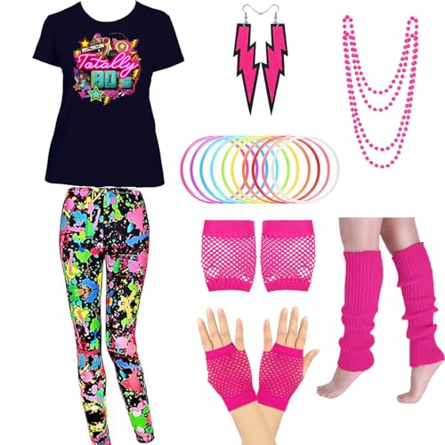 80er-Jahre-Kostüm, 90er-Jahre-T-Shirt, Leggings, Ohrringe, Halskette, Handschuhe, Armband, Party, Thema, Karneval (Farbe 1, S) von HarnyLoom