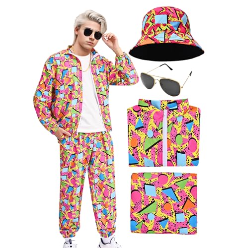 80er Jahre Outfit Damen Herren 80er Trainingsanzug Retro Kostüm Jacke Hip Hop Disco Gläser Hut Zubehör Windbreaker Karneval Halloween Party Cosplay (Mehrfarbig, S) von HarnyLoom