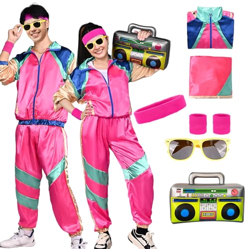 80er Jahre Outfit Damen Herren Kostüm Trainingsanzug 70er 90er Jahre Jacke Hose Retro Anzug Kostüm Party Accessoires für Faschingskostüm Karneval (Rosa, 2XL) von HarnyLoom
