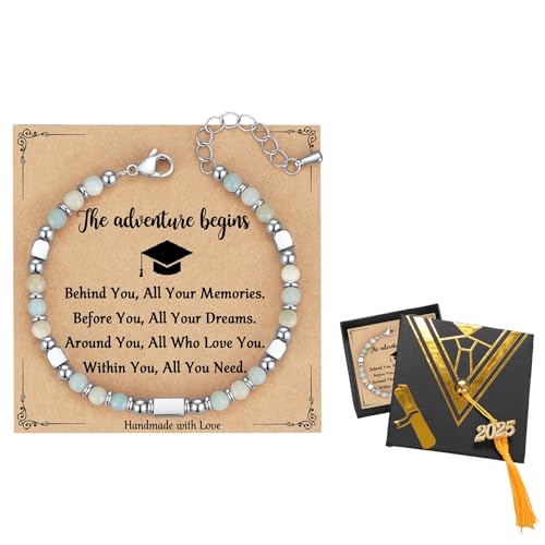 Abitur Geschenke 2025, Abi Armband Schulabschluss Geschenk für Mädchen Damen Abschluss Prüfung Geschenk zum Abitur Karte Geschenkbox Mittelschule (Amazonasstein) von HarnyLoom