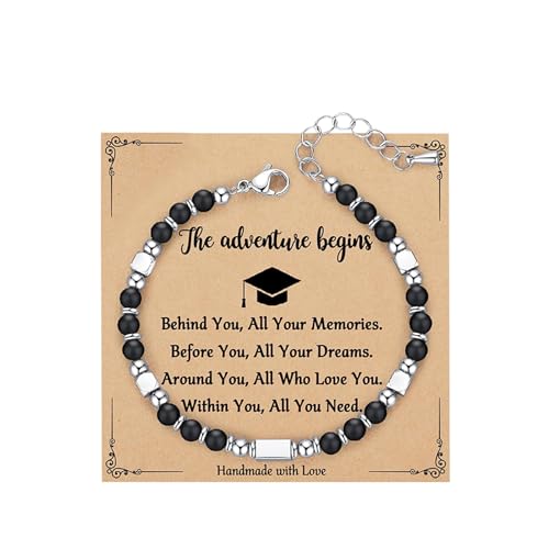 Abitur Geschenke 2025, Abi Armband Schulabschluss Geschenk für Mädchen Damen Abschluss Prüfung Geschenk zum Abitur Karte Geschenkbox Mittelschule (Schwarzer Mattstein) von HarnyLoom