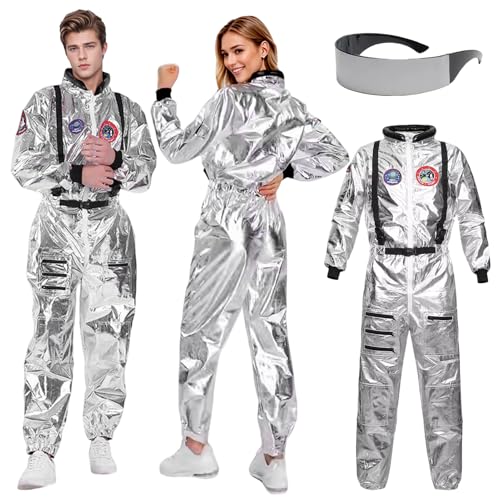 Astronaut Kostüm Erwachsene Kinder Herren Frauen, Silber Astronauten Kostüm Overall Mädchen Junge Damen Herren, Spaceman Kostüm für Karneval Halloween Cosplay (Erwachsene, S) von HarnyLoom